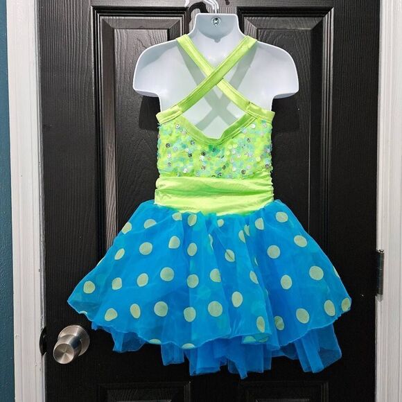 Weissman NWOT child small dance costume jazz tap solo blue green polka dots - Picture 4 of 6